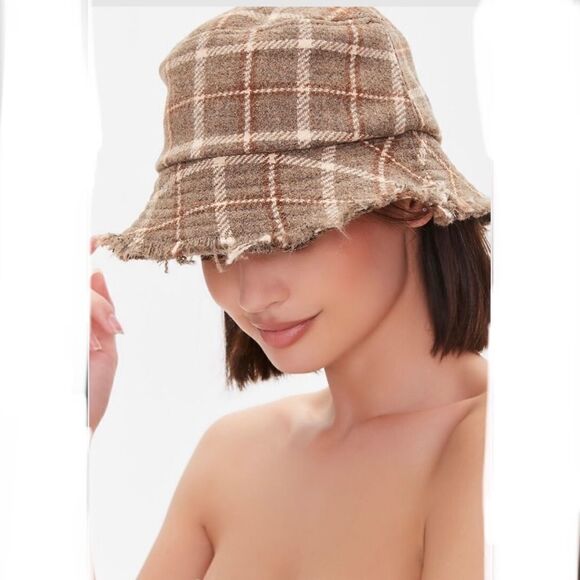 Frayed Woven Bucket Hat allover plaid pattern wide brim, and frayed raw-cut Trim - Picture 3 of 5